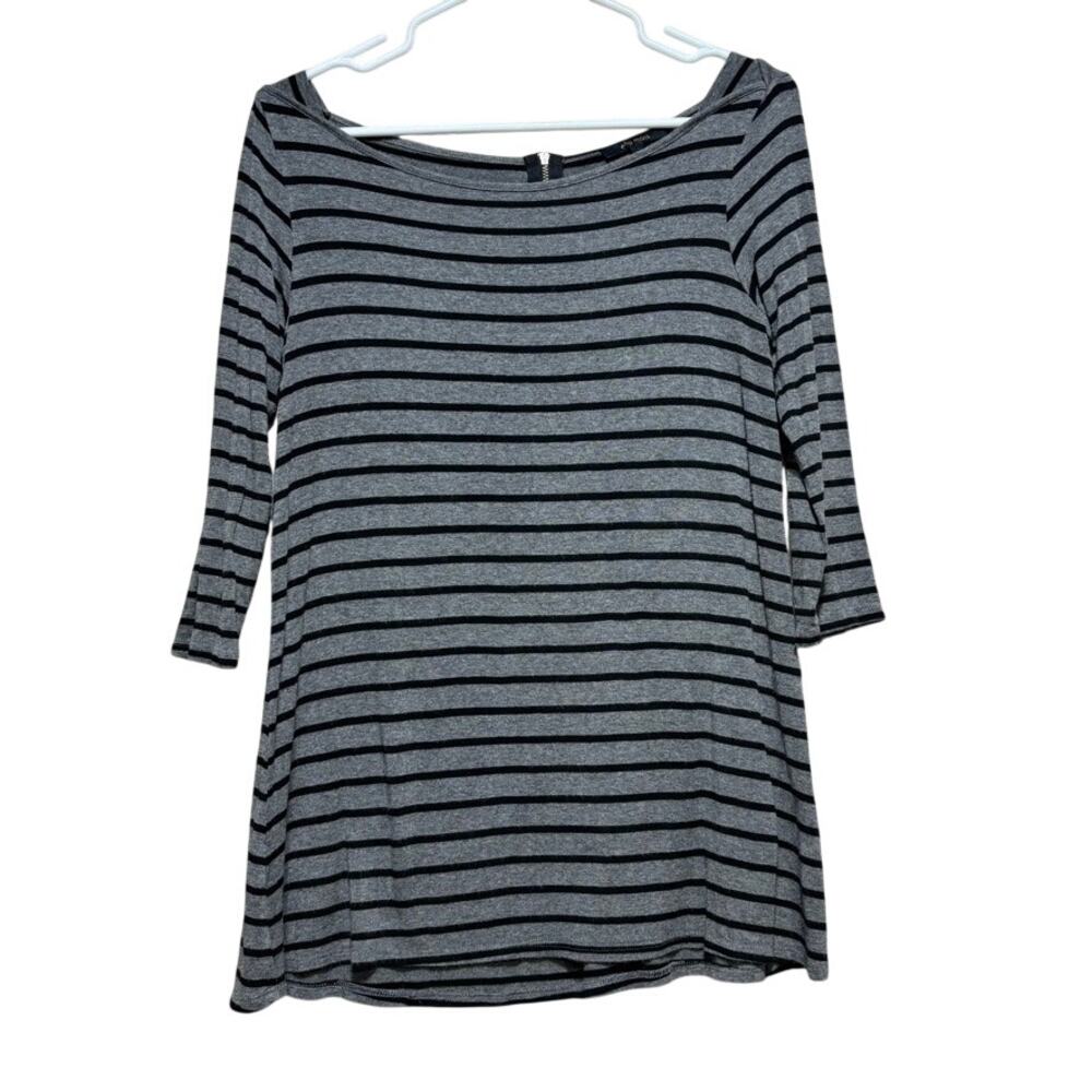 Ella Moss Gray Black Striped 3/4 Sleeve Top Size S Relaxed Fit Soft Knit